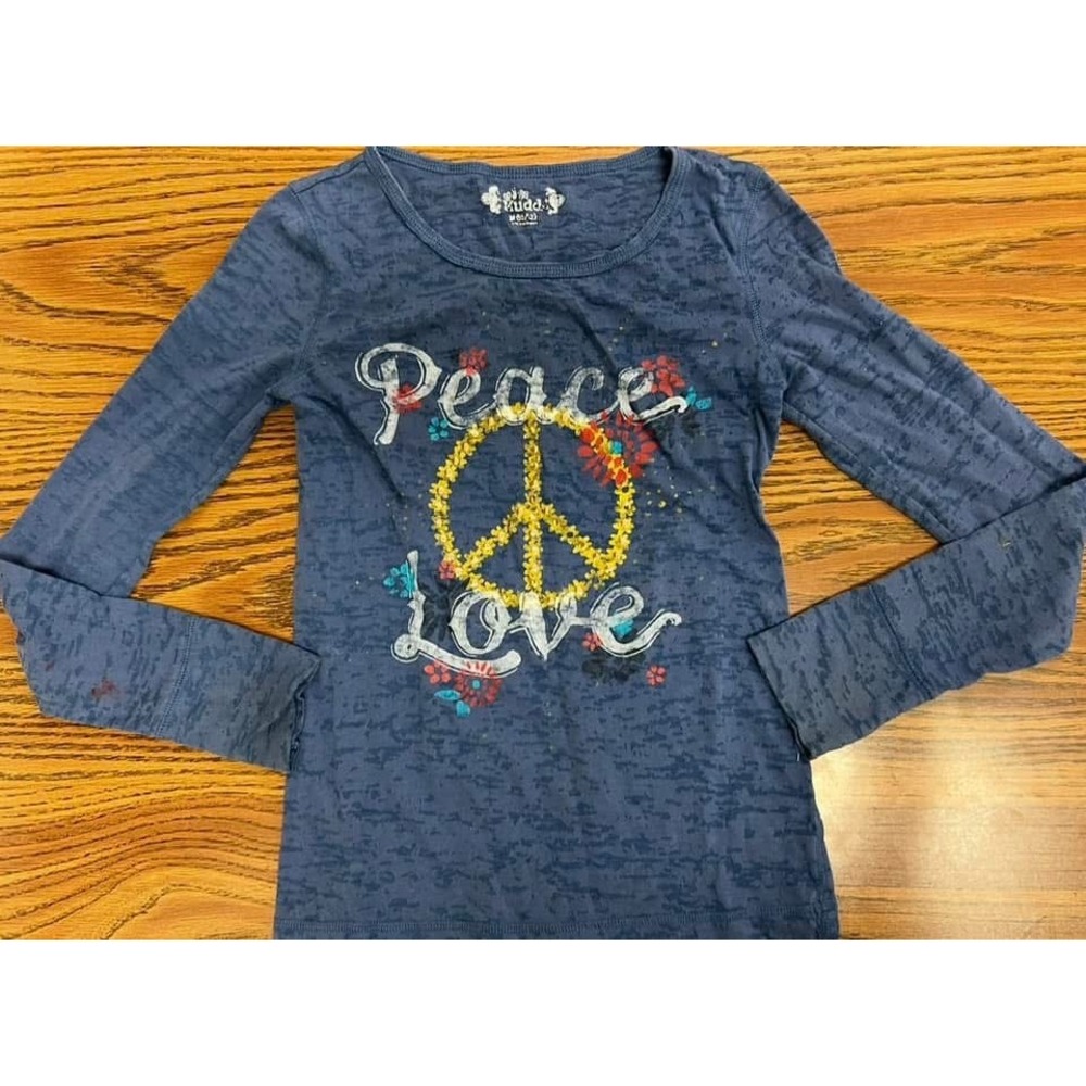 Mudd Kids Blue Peace Love Graphic Tee Long Sleeve Sheer Burnout Top Size M 10/12